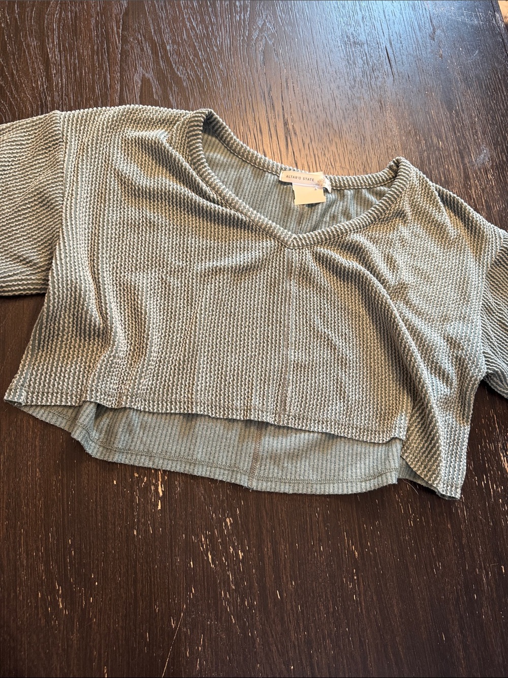 Altar'd State Olive Sage Cropped V-Neck Waffle Knit Top